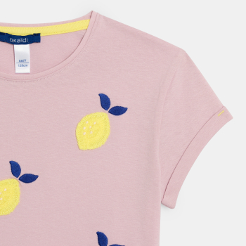 تيشيرت وردي بأكمام قصيرة مطرزة، للفتيات